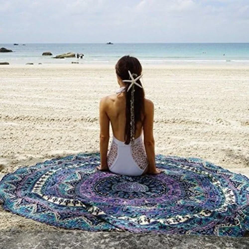 Purple Green Bohemian Round Beach Blanket Tablecloth Tapestry Dorm Hippie NEW